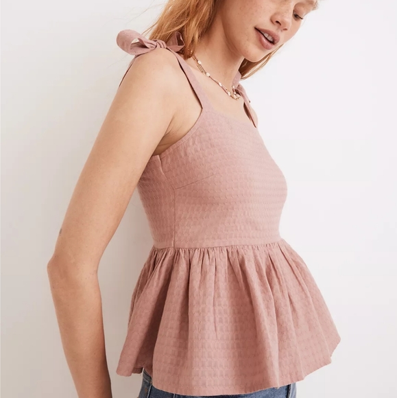 Madewell Rosalie Tie-Strap Top in Textured Gingham Faded Mauve - Picture 3 of 13